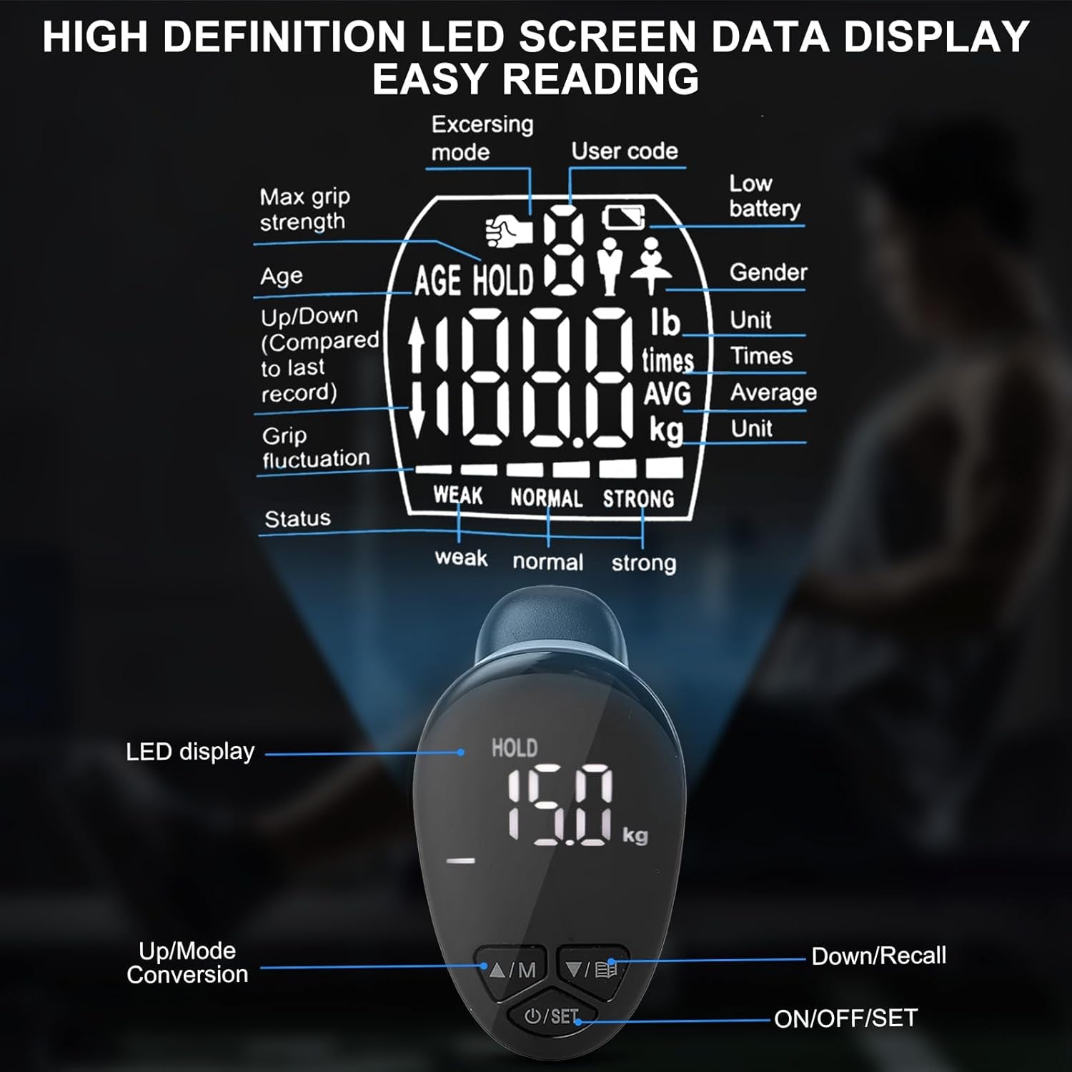 Electronic Grip Strength Tester 198Lbs / 90Kgs, Digital Hand Dynamometer with Backlit LED for Grip Strength Testing and Training, Hand Grip Strength Dynamometer for Sports, School and Home Use