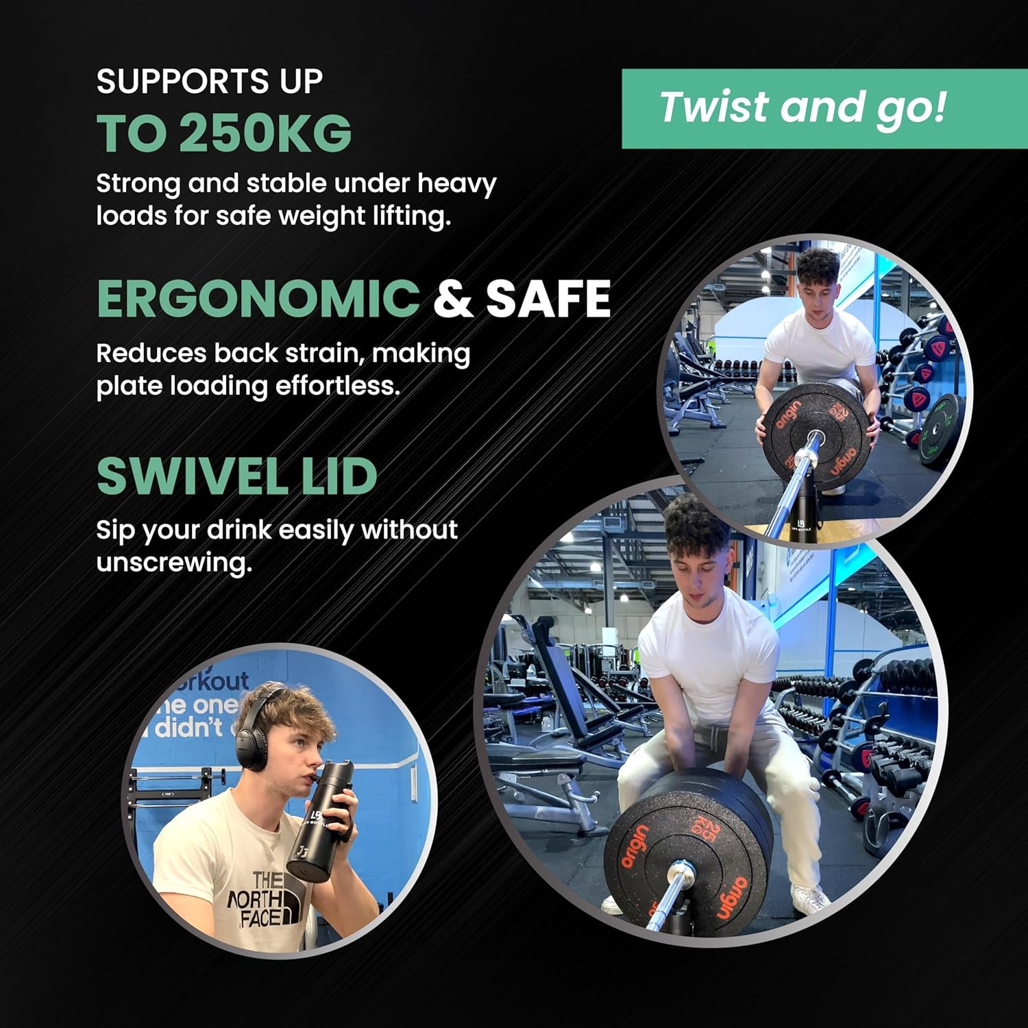 Lift Bottle - Jack Stand for Barbell, 250 KG/550 Lbs, with Flip Out Lid, for Weight Lifting, Hydrojack, Karta Bottle, Barbell Jack (Stealth Black)