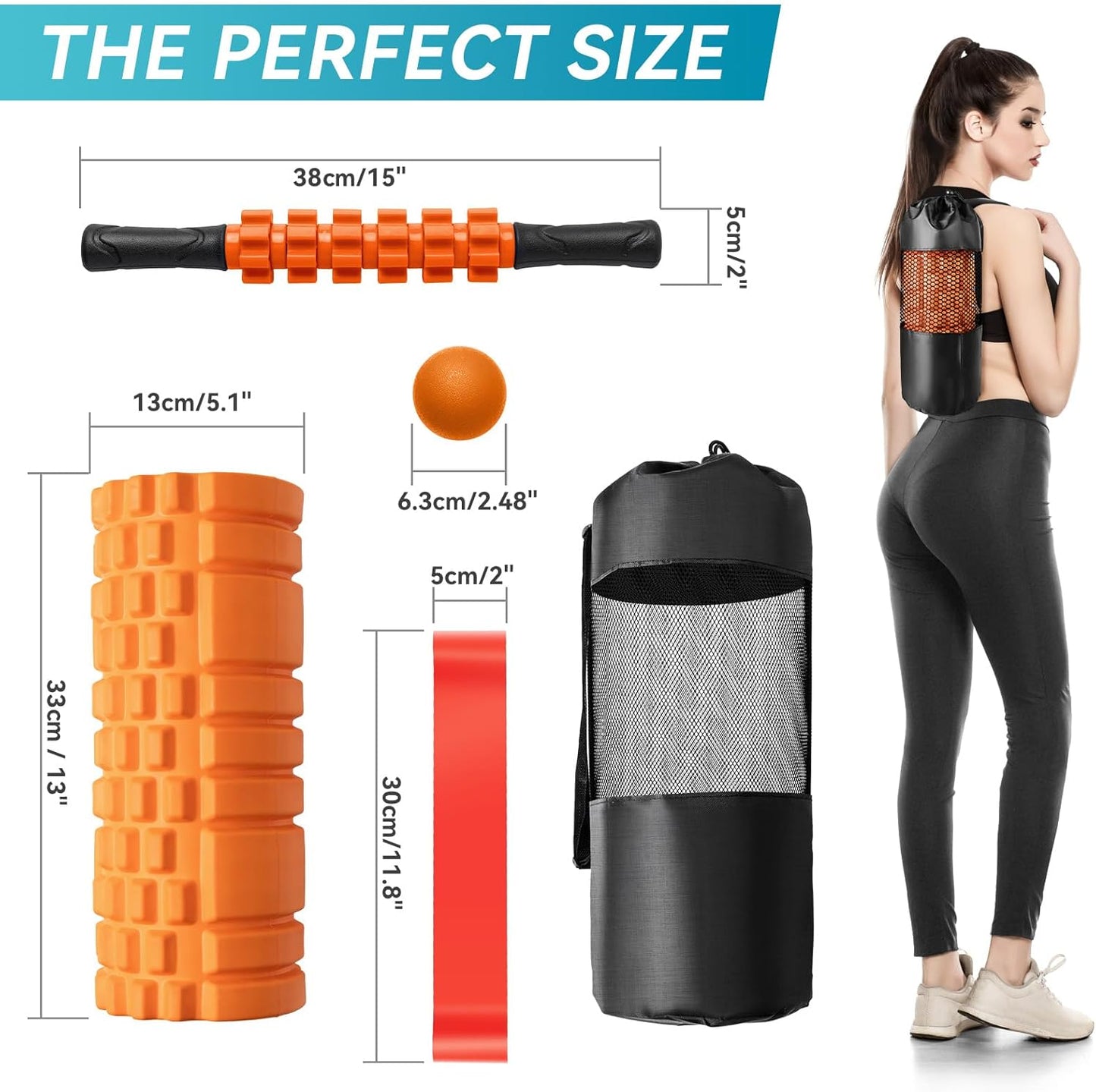 5 in 1 Foam Roller Set for Deep Tissue Muscle Massage, Trigger Point Fitness Exercise Foam Roller, Massage Roller, Massage Ball, Stretching Strap, for Whole Body (Orange Black)